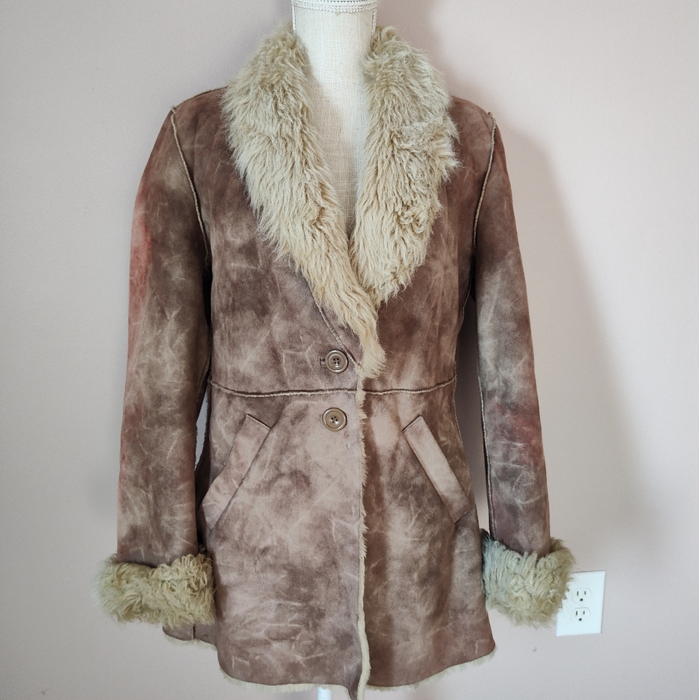 🥰 Vintage Y2K OUTBROOK "Penny Lane" Faux Suede/Faux Fur Overcoat, Distressed, M